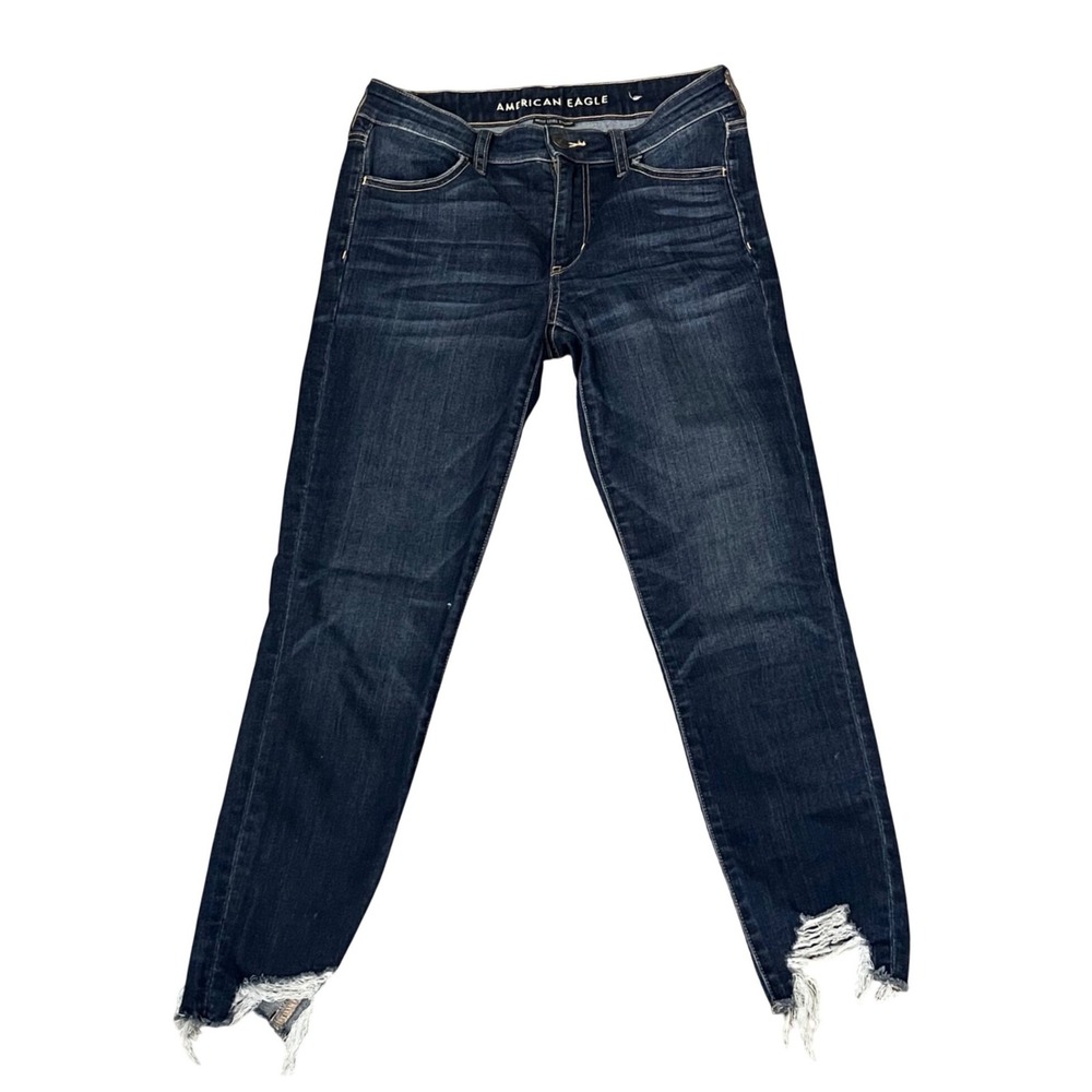 American Eagle Outfitters Womens Jeans Dark‎ Blue Wash Stretch Frayed Hem Size 8